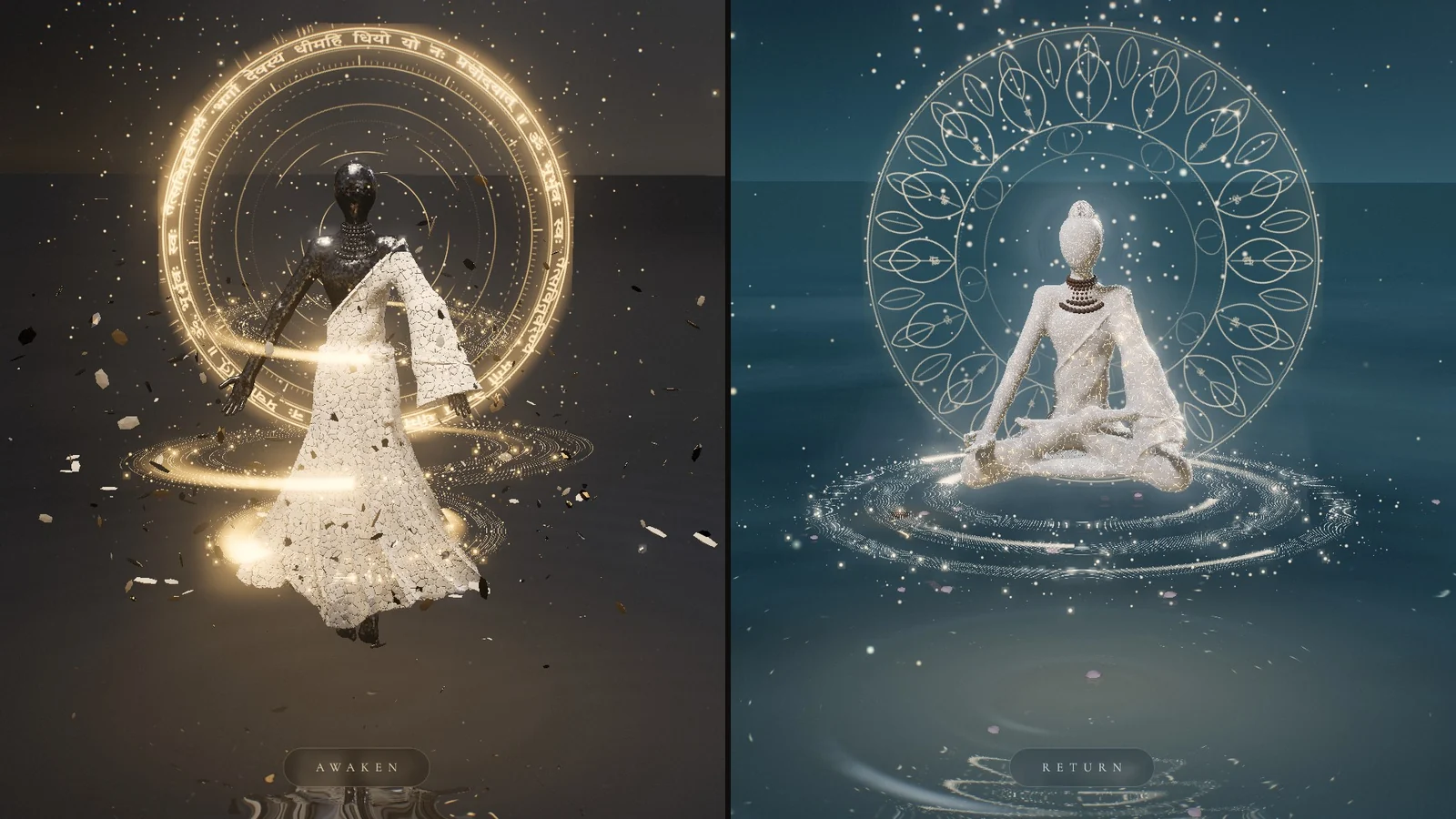 A luminous figure floating above still water at night.