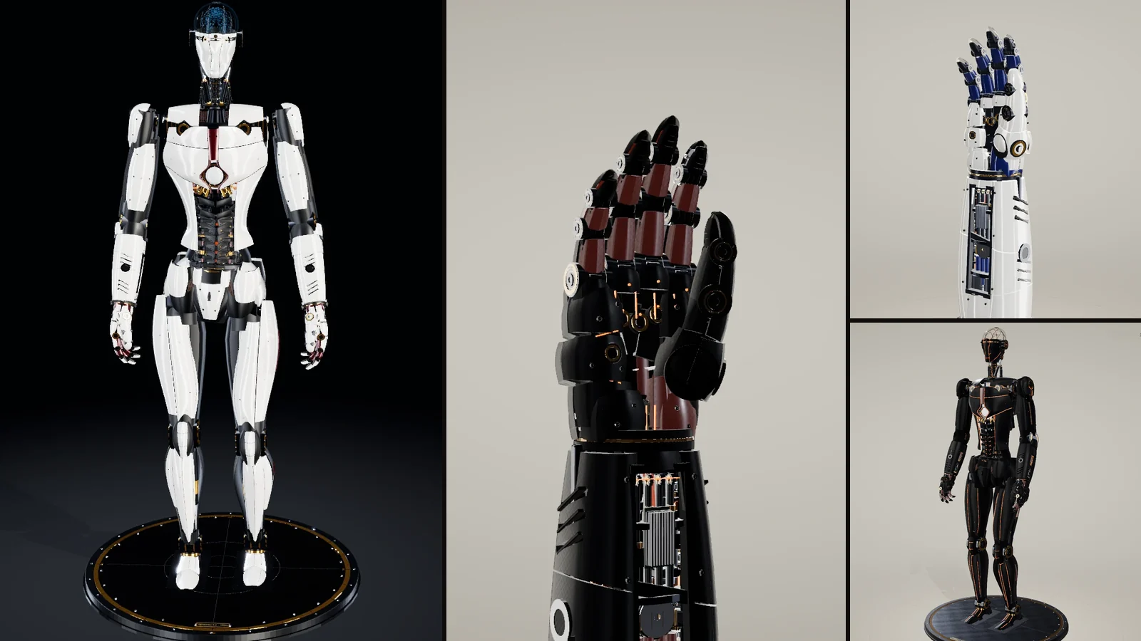 The Kestrel K-1 humanoid robot and its hand in white and black liveries.