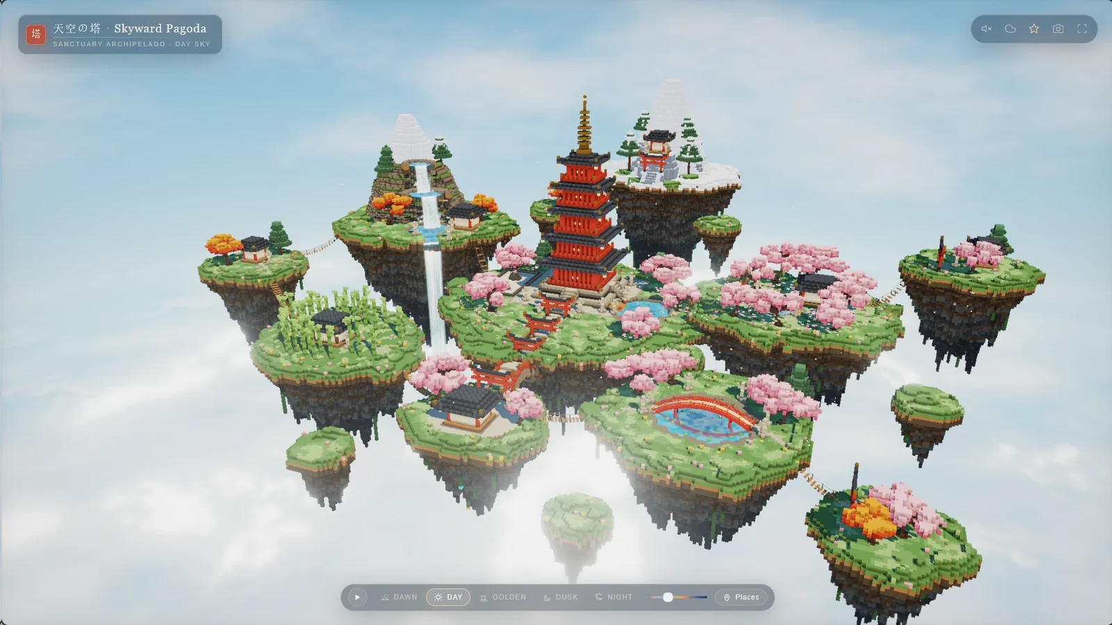 A voxel pagoda on a floating island above a sea of clouds.