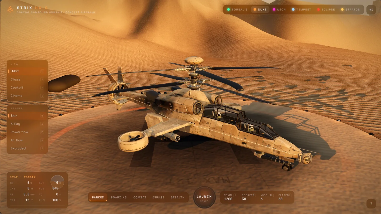 The STRIX HX-9 gunship parked on a desert landing pad at golden hour, with the demo's control panels around it.